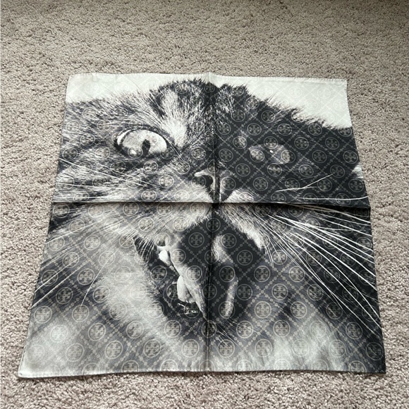 Tory Burch Cat Printed Neckerchief Silk Scarf Pink Black Gray White
